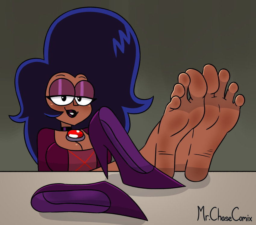 1girl amulet barefoot black_nails blush cartoon_network cleavage dark_hair dark_skin feet female_only foot_fetish high_heels lipstick mr._chase_comix ok_k.o.!_let's_be_heroes smile soles solo_female toes wilhamena