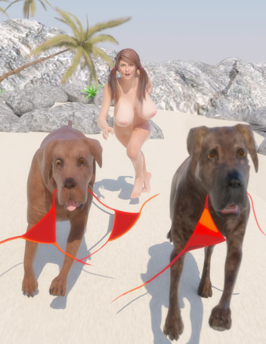 3d beach big_breasts breasts brown_hair dog female funny nipples nude poser surprise twin_tails