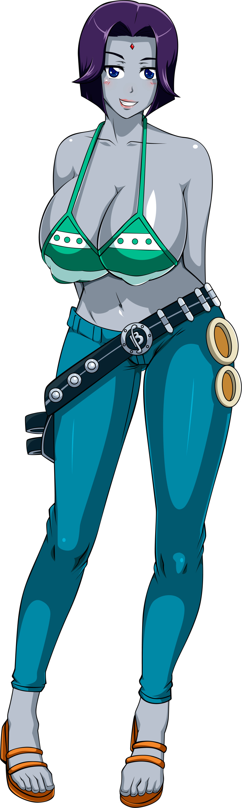 1girl ale-mangekyo big_breasts blue_eyes breasts cleavage cosplay dc_comics dcau female female_only full_body grey_skin nami nami_(cosplay) one_piece purple_hair raven_(dc) solo teen_titans
