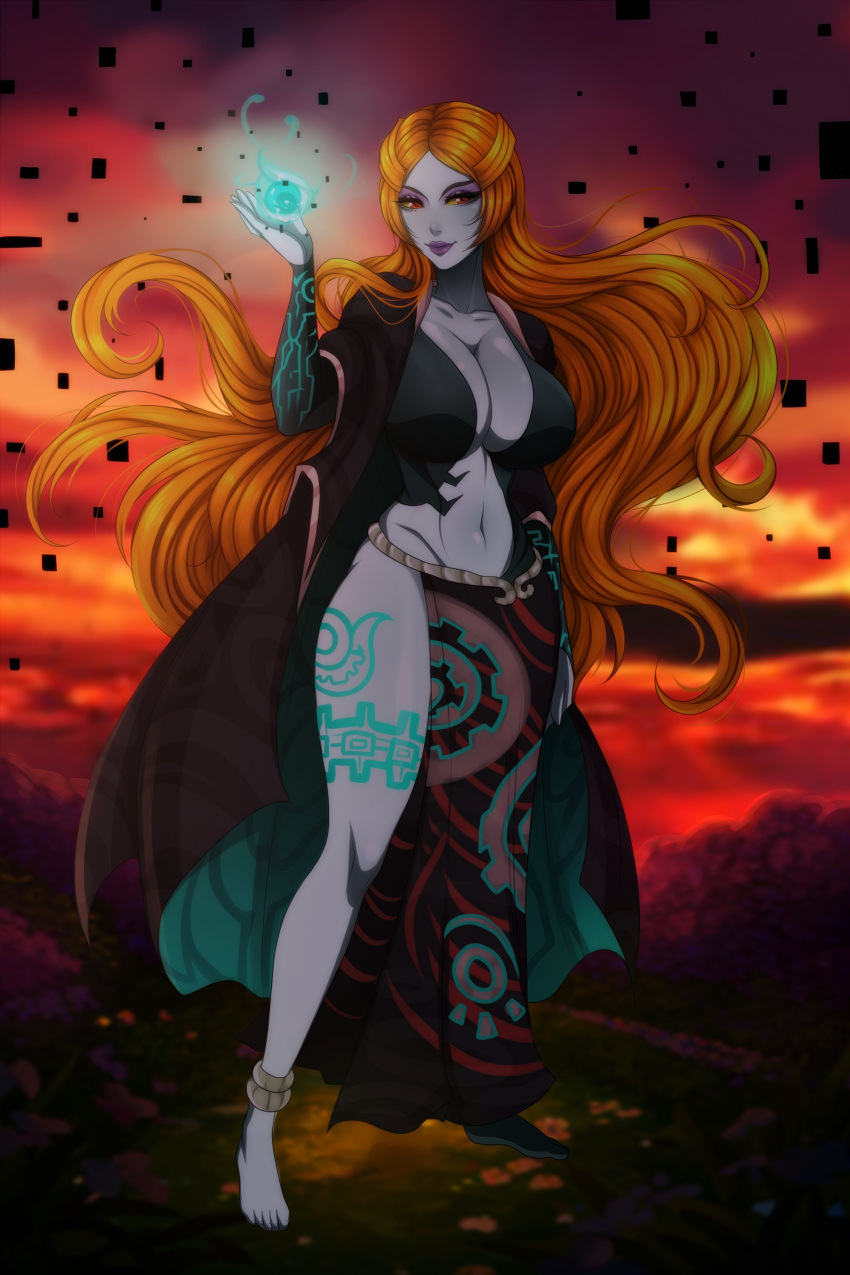 1girl absurd_res absurdres alluring anklet barefoot big_breasts cleavage colored_sclera colored_skin eyeshadow female_focus female_only full_body high_res highres jewelry law-zilla lipstick long_hair makeup midna midna_(true) multicolored_skin navel nintendo orange_hair red_eyes solo_female the_legend_of_zelda the_legend_of_zelda:_twilight_princess twili_midna two-tone_skin two_tone_skin very_long_hair yellow_sclera