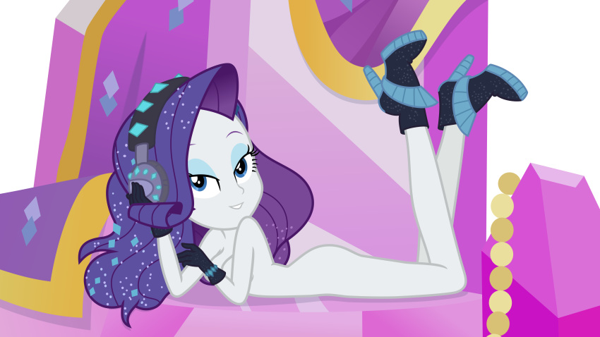 1girl blue_eyes equestria_girls eyeshadow female female_only friendship_is_magic gloves headphones high_heels looking_at_viewer lying my_little_pony nude rarity rarity_(mlp) solo strategically_covered