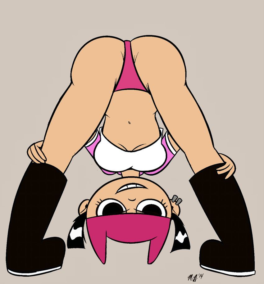 1girl 2014 ass bent_over black_eyes black_hair boots ear_rings female hat my_life_as_a_teenage_robot panties pink_panties smile solo tiff_crust twin_tails underwear
