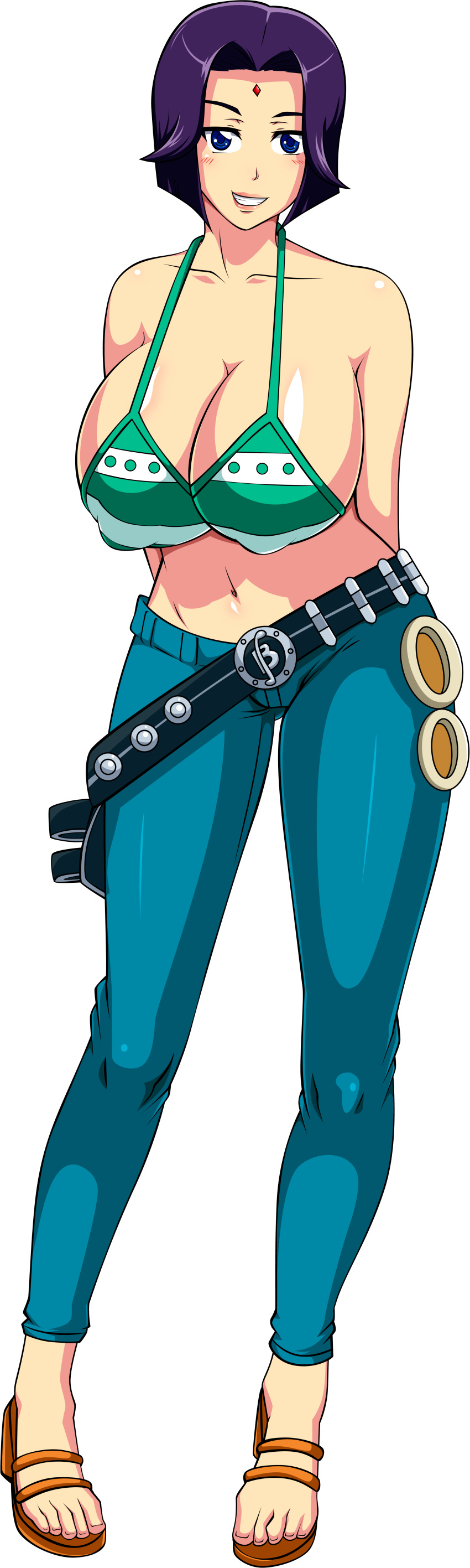 1girl ale-mangekyo beige_skin big_breasts blue_eyes breasts cleavage cosplay dc_comics dcau female female_only full_body nami nami_(cosplay) one_piece purple_hair raven_(dc) solo teen_titans