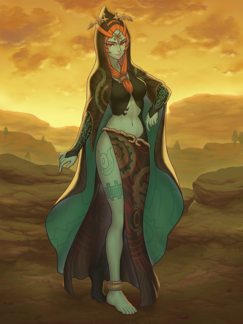 1girl 1girl absurd_res alluring barefoot colored_sclera colored_skin female_focus forehead_jewel front_ponytail full_body gofelem green_skin high_res leg_tattoo long_hair looking_at_viewer midna midna_(true) navel nintendo orange_hair outside red_eyes smile tattoo the_legend_of_zelda toes twili_midna yellow_sclera