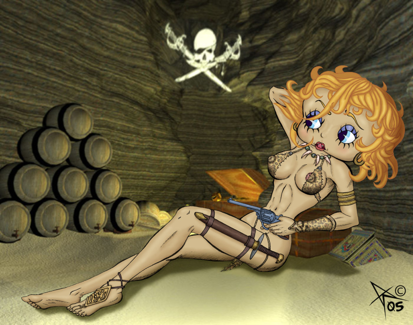 5_fingers 5_toes artist_name artist_request barefoot betty_boop betty_boop_(series) big_breasts knife no_shoes pirate pistol short_hair sitting