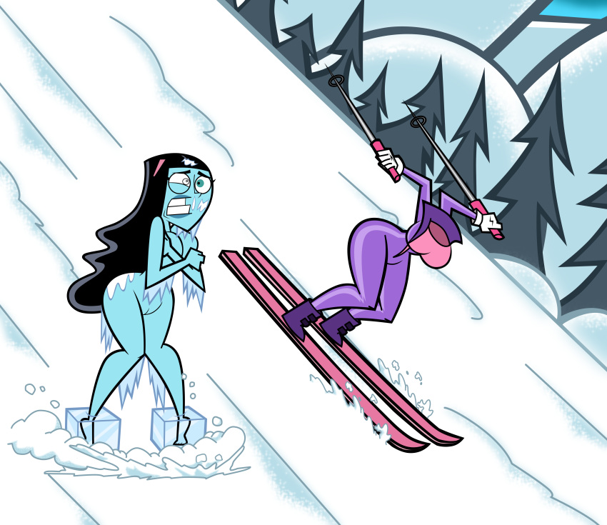 1girl black_hair blue_eyes boots breasts cold danny_phantom dark_skin embarrassing freezing frozen funny gloves grimphantom hair hairless_pussy ice lipstick long_hair nude outfit paulina pussy skiing snow winter