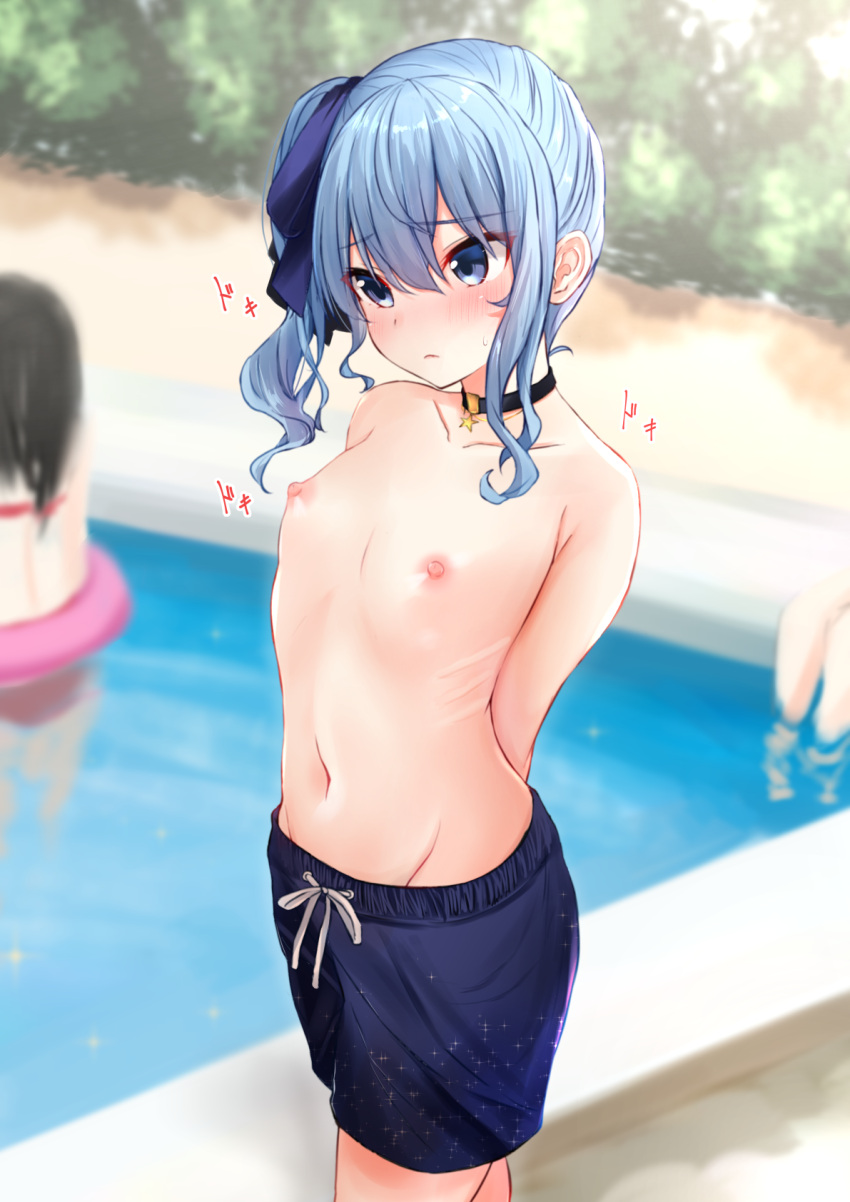 1girl 2_girls arms_behind_back asymmetrical_hair bikini blue_eyes blue_hair blush breasts bushes choker cowboy_shot crossdressing curly_hair dot_nose ex_idol exhibitionism eyebrows_visible_through_hair feet_out_of_frame female_focus hair_between_eyes hair_ornament hair_ribbon hat high_resolution hololive hoshimachi_suisei innertube looking_at_viewer male_swimwear male_swimwear_challenge medium_hair multiple_girls navel nipples outdoor_nudity outside partially_submerged pettanko ponytail pool public red_bikini reflection ribbon ribs shorts side_ponytail small_breasts solo_focus sound_effects sparkle sweatdrop swimming_trunks swimsuit tied_hair topless virtual_youtuber wading walking water wet
