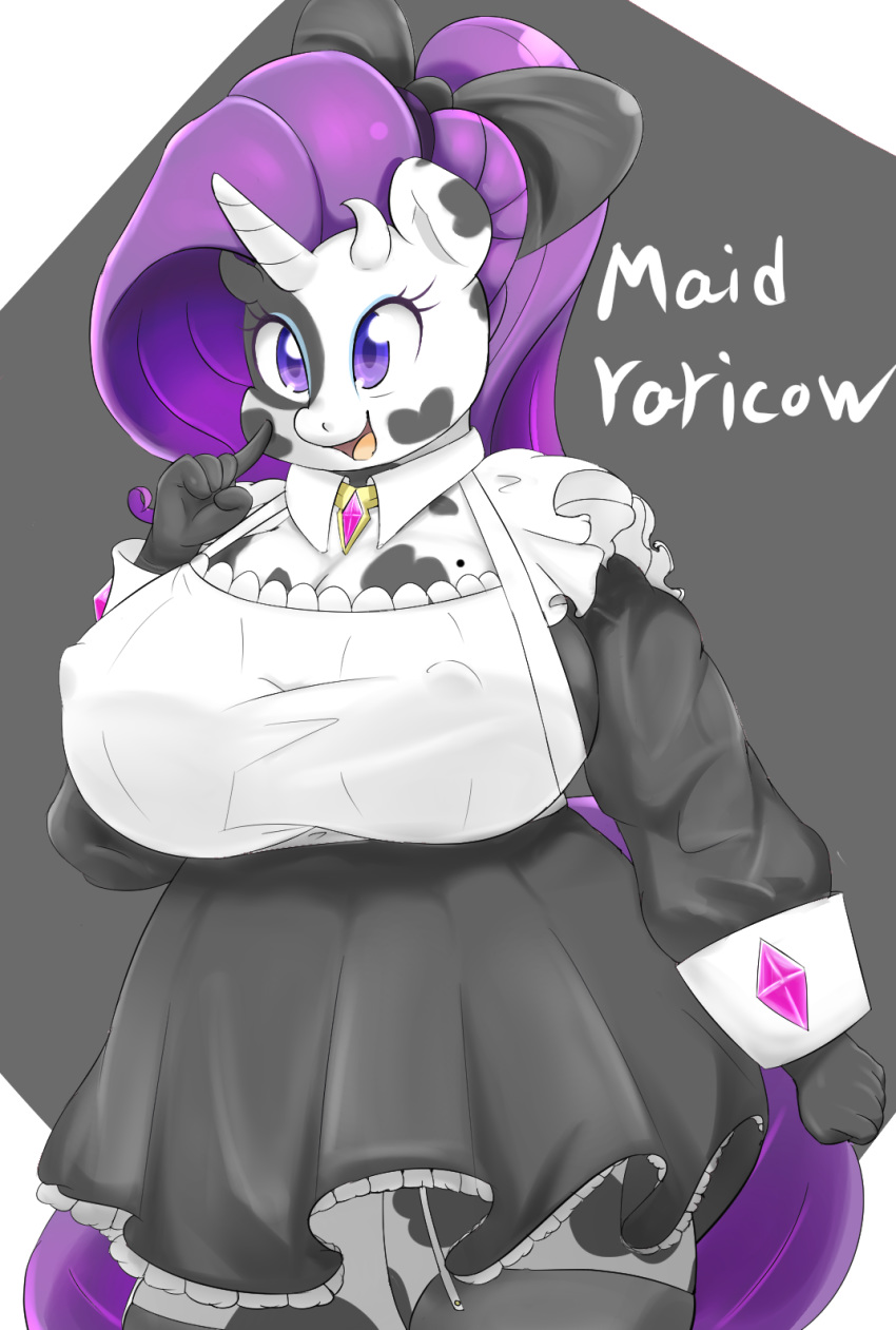 1girl 2015 anthro anthrofied big_breasts bovine bow braffy breasts cattle clothed clothing equine friendship_is_magic furry hair high_res horn huge_breasts hybrid legwear long_hair maid_uniform mammal my_little_pony open_mouth purple_eyes purple_hair rarity unicorn uniform