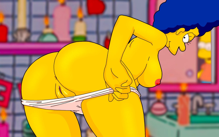 anus ass bent_over blue_hair breasts erect_nipples evilweazel_(artist) marge_simpson panties_down shaved_pussy the_simpsons thighs yellow_skin