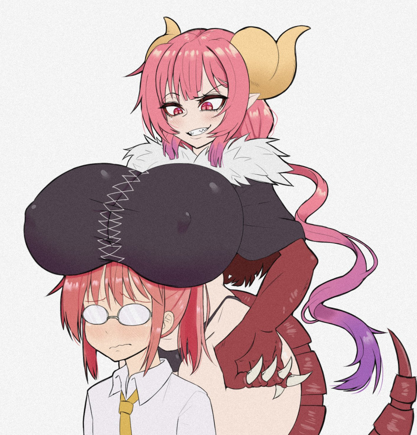 1girl 2_girls ambiguous_gender androgynous big_ass big_dom_small_sub big_hands big_horns black_thong blush boob_hat breast_press breasts_on_head claws curved_horns dragon_girl dragon_horns erect_nipples_under_clothes female_only femdom flustered glasses head_between_breasts height_difference horns huge_breasts ilulu_(dragon_maid) kobayashi_(dragon_maid) larger_female miss_kobayashi's_dragon_maid monster_girl multicolored_hair neck_tie neck_tuft nerd nipple_bulge pink_hair pointy_ears purple_hair red_hair scorpion_tail sharp_teeth shy sidelocks size_difference smug stinger tagme tail thong tie visible_nipples white_shirt wide_hips young_savage