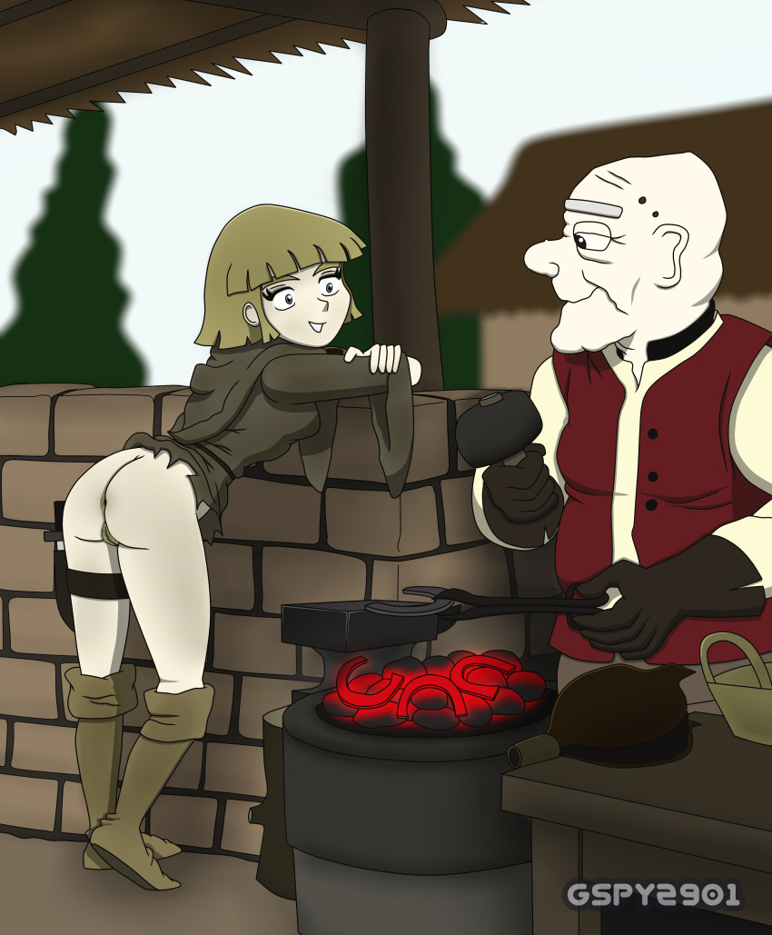 1girl age_difference aine ass ass_up blacksmith boots gspy2901 horseshoes knife medieval medieval_england no_panties old_man short_hair teenage_girl