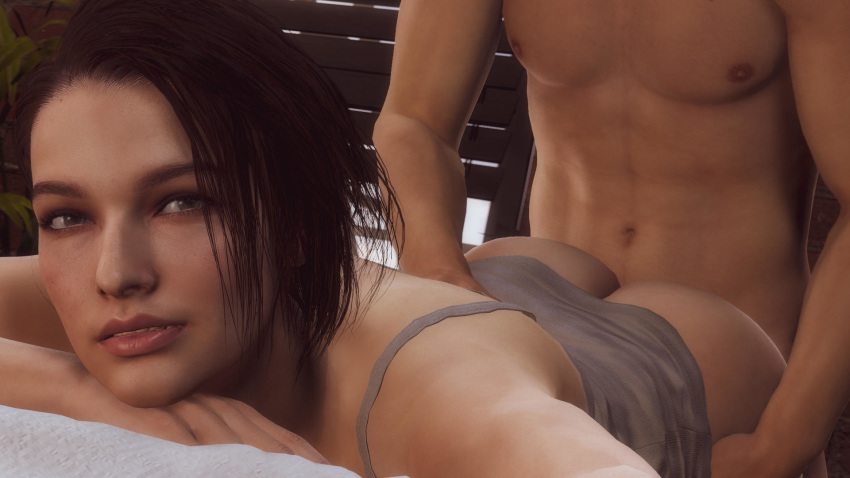 1_boy 1_girl 1boy 1girl 3d a.lias_(artist) bedroom brown_hair dat_ass doggy_position female from_behind grin hetero indoor jill_valentine looking_at_viewer male nice_ass on_bed partially_nude resident_evil resident_evil_3 short_hair source_filmmaker