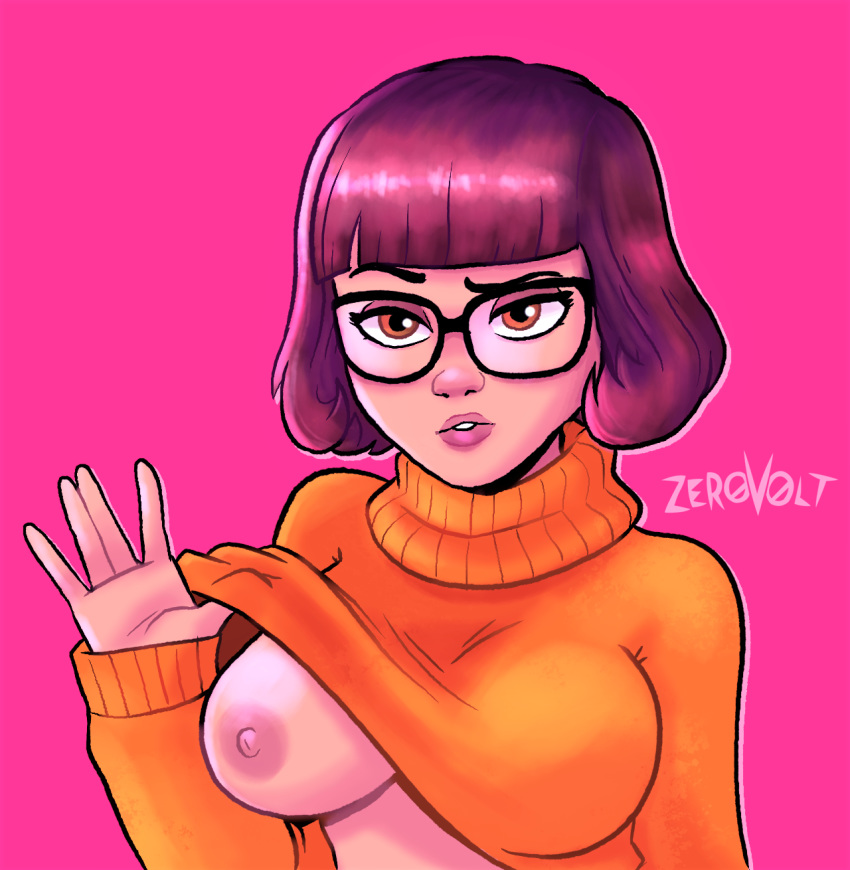 1girl exposed_breast female female_only flashing glasses looking_at_viewer nipple no_bra one_breast_out one_breast_out_of_clothes scooby-doo short_hair solo sweater sweater_lift velma_dinkley zerovolt