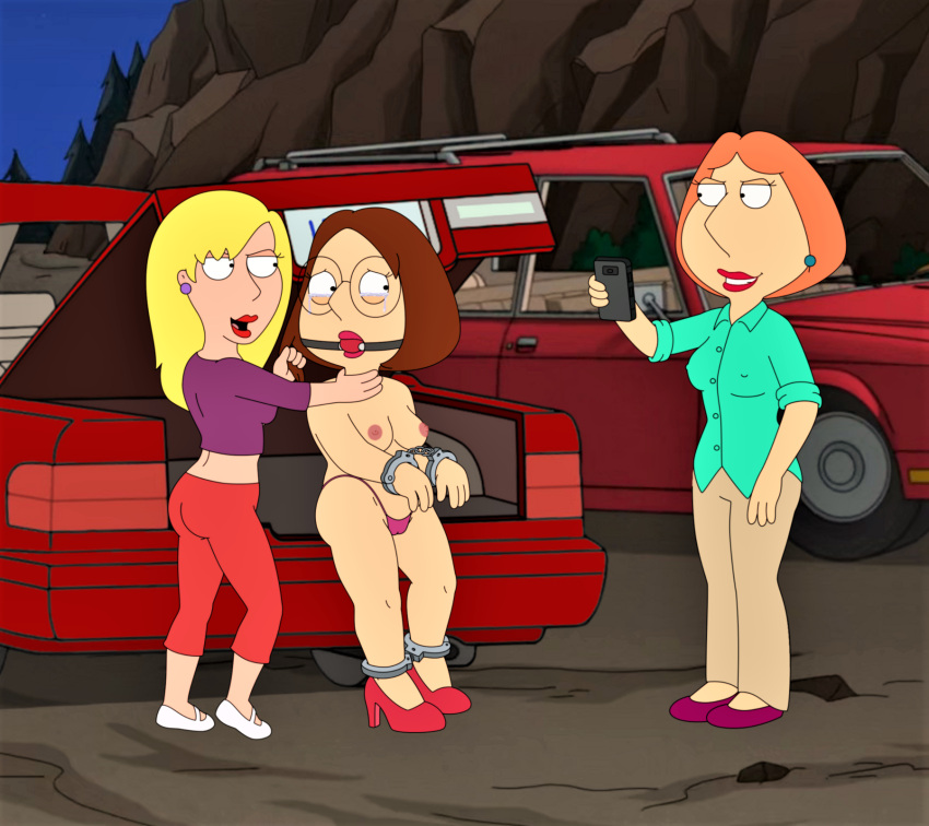 ass ball_gag bondage breasts cellphone connie_d'amico erect_nipples family_guy female_only frost969 handcuffs lois_griffin meg_griffin multiple_girls nude tears thick_thighs thighs thong yuri