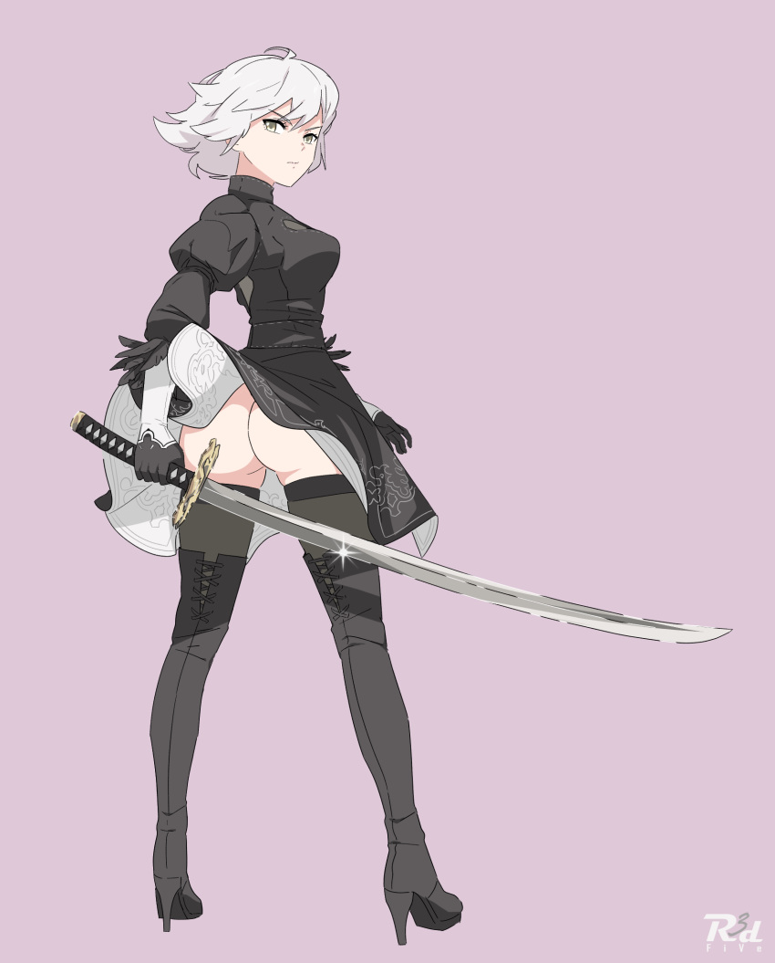 1girl ahoge artist_name ass black_dress black_gloves black_legwear boots cosplay dress dress_lift eyebrows_visible_through_hair fate/grand_order fate_(series) feather-trimmed_sleeves from_behind full_body gloves high_heel_boots high_heels high_resolution holding holding_sword holding_weapon jeanne_d'arc_(alter) jeanne_d'arc_(fate) juliet_sleeves katana long_sleeves nier:_automata nier_(series) no_blindfold no_leotard puffy_sleeves r3dfive shoes short_hair silver_hair simple_background standing stockings sword thigh_high_boots thighhighs_under_boots vambraces weapon wicked_dragon_witch_ver._shinjuku_1999 wind wind_lift yellow_eyes yorha_2b_(cosplay) yorha_no._2_type_b