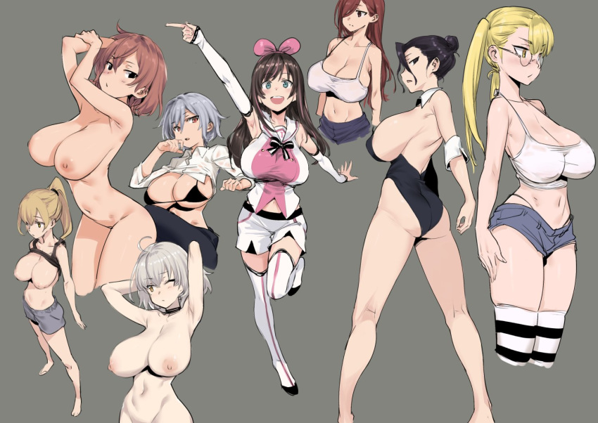 1girl 6+girls 8girls aqua_eyes armpits arms_up ass big_breasts black_hair blonde breasts brown_hair erza_scarlet fairy_tail fate/grand_order fate_(series) female_only glasses grey_background group_comparison hair_ornament highleg highleg_panties huge_breasts jeanne_d'arc_(alter) jeanne_d'arc_(fate) kizuna_ai leotard multiple_girls navel nipples nude original original_character pale_skin panties platinum_blonde ponytail red_hair sagging_breasts shirt shoes short_hair short_shorts shorts simple_background sketch stockings stomach tank_top tied_hair try_(lsc) underwear virtual_youtuber yellow_eyes