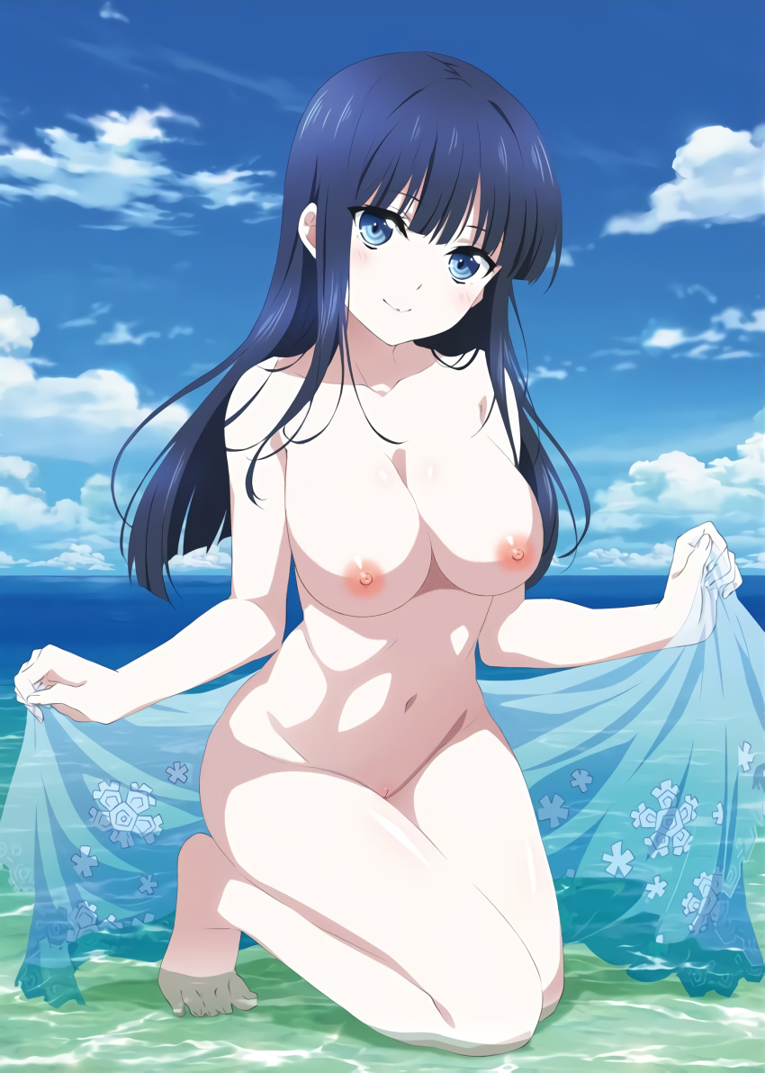 1girl :d alluring areola beach big_breasts black_hair blue_eyes blush breasts cleavage completely_nude copyright_name day eyebrows frills high_resolution long_hair looking_at_viewer mahouka_koukou_no_rettousei nipples no_bra nopan nude nude_filter outside potential_duplicate pussy shiba_miyuki smile third-party_edit very_high_resolution 座ってる 海辺 美乳