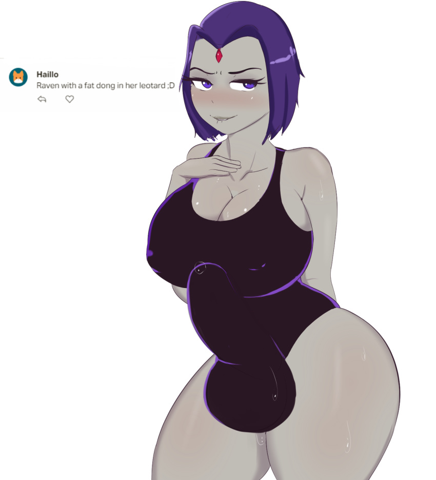 1girl 2020 big_breasts breasts color dickgirl erection erection_under_clothes futa_only futanari g3mma grey_skin intersex leotard penis_under_clothes purple_hair raven_(dc) swimsuit teen_titans thick_thighs thighs white_background