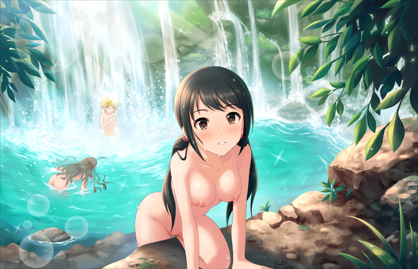 1girl 3_girls afloat areola black_hair blonde_hair blush brown_eyes brown_hair completely_nude exhibitionism extremely_high_resolution female_only high_resolution ichinose_shiki idolmaster lens_flare long_hair miyamoto_frederica multiple_girls nakano_yuka nipples nude nude_filter outside pussy short_hair the_idolmaster_cinderella_girls:_starlight_stage third-party_edit tied_hair twin_tails uncensored upscaled very_high_resolution water waterfall wsifu2x