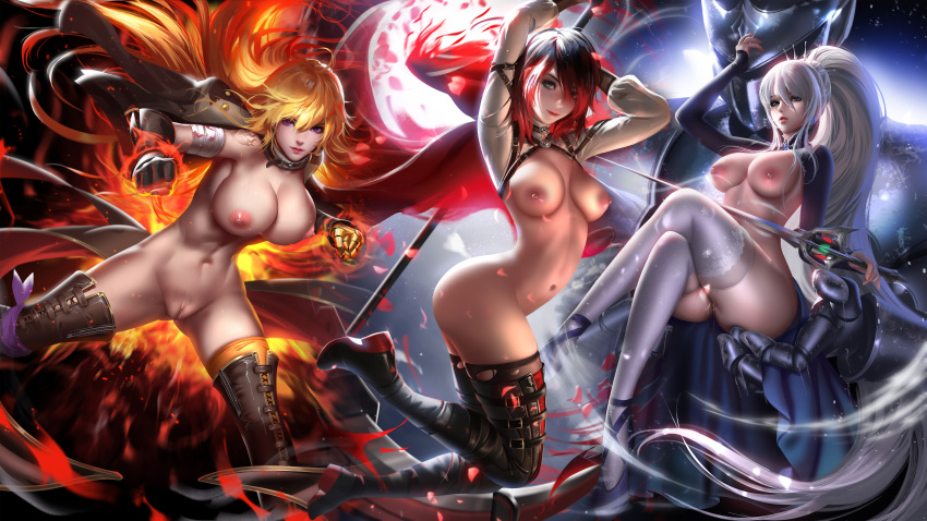 16:9_aspect_ratio 1girl 1girl 3_girls arms_up ass big_breasts black_hair blonde blue_eyes boots breasts cape crescent_rose crossed_legs earrings high_resolution jewelry knight large_filesize liang_xing lips long_hair looking_at_viewer medium_breasts midriff multicolored_hair multiple_girls myrtenaster navel nipples nude petals ponytail purple_eyes pussy red_cape rose_petals ruby_rose rwby scythe shoes short_hair shrug_(clothing) silver_eyes sitting smile stockings sword thigh_high_boots thighhighs_under_boots thighs tied_hair two-tone_hair very_high_resolution weapon weiss_schnee white_hair yang_xiao_long