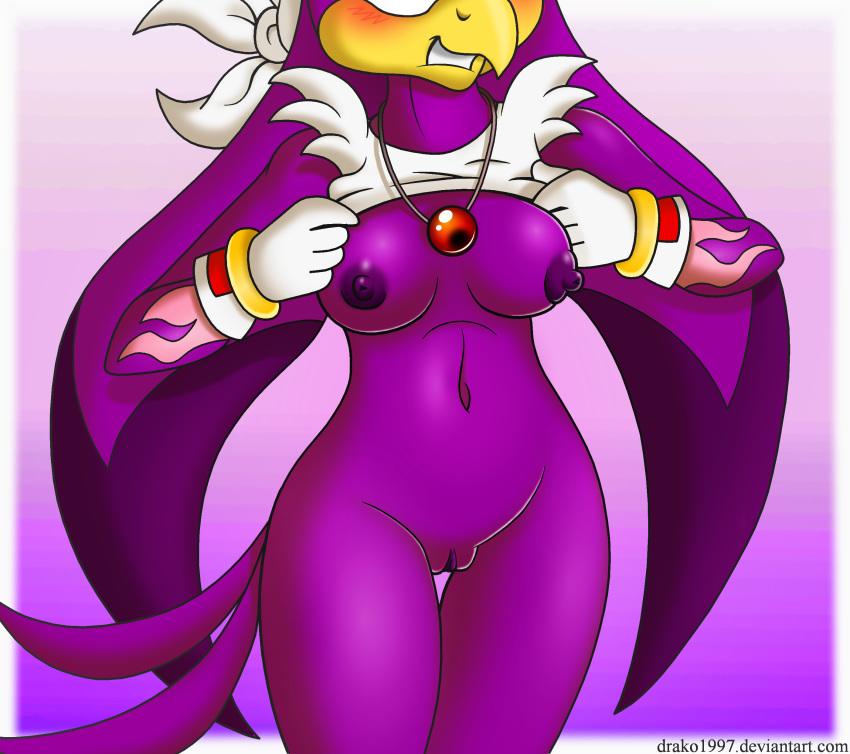 2015 anthro avian bandanna beak belly big_breasts bird biting_lip blush breasts clothing cropped drako1997 feathers female fur furry gloves midriff navel nipples nude plain_background presenting purple_body purple_fur pussy sega solo sonic_(series) sonic_riders standing undressing video_games wave_the_swallow