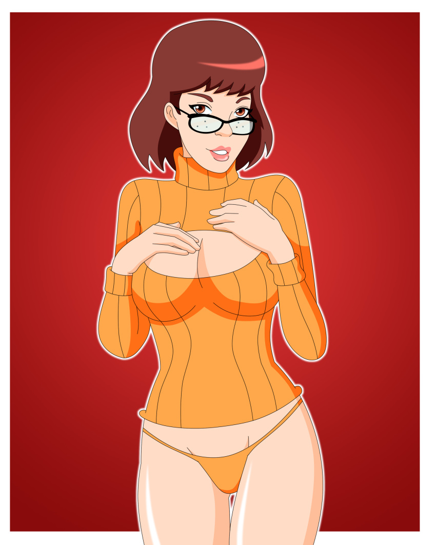 1girl big_breasts breasts cleavage_cutout female_only open-chest_sweater pervyangel scooby-doo solo solo_female sweater thong velma_dinkley