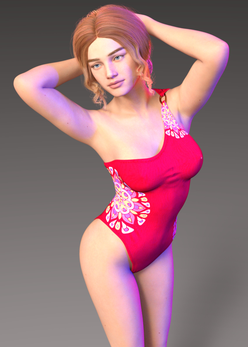 1girl 3d clothed non-nude original_character prettyshaboldy red_swimsuit standing swimsuit