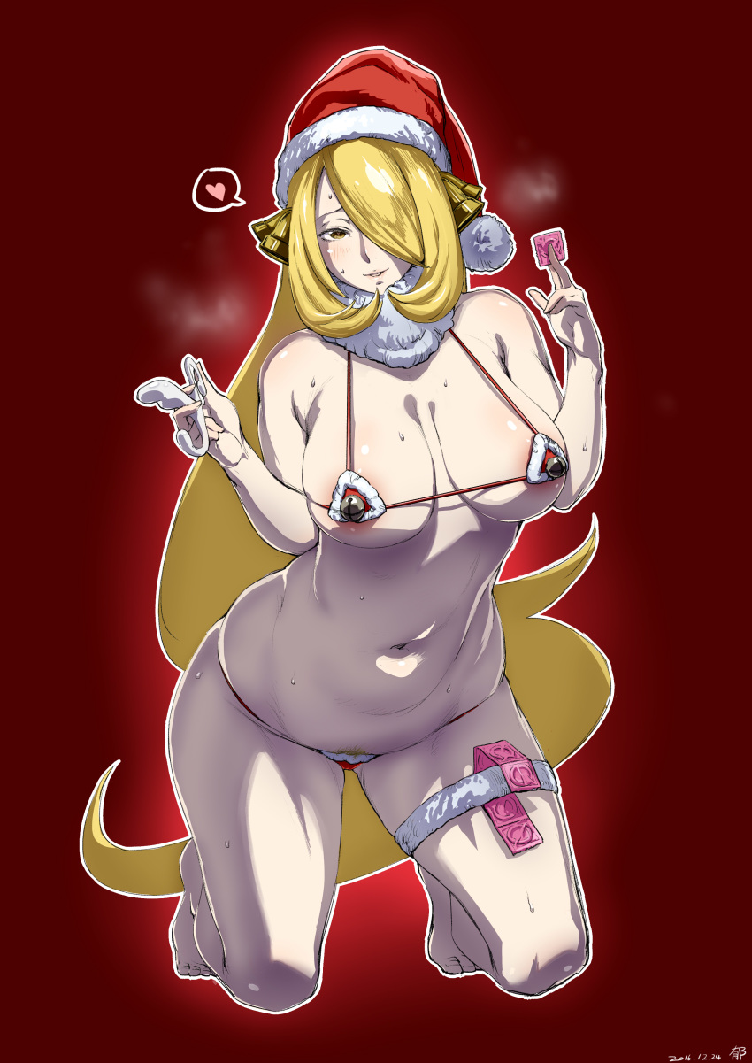 1girl 2016 absurdres aneros areolae belly blonde_hair breasts brown_eyes christmas condom condom_packet_strip condom_wrapper cynthia hair_over_one_eye hat heart heart-shaped_pupils highres kneeling large_breasts long_hair navel pokemon pokemon_dppt pubic_hair santa_hat shiroinuchikusyo shirona_(pokemon) solo spoken_heart symbol-shaped_pupils thighs very_long_hair