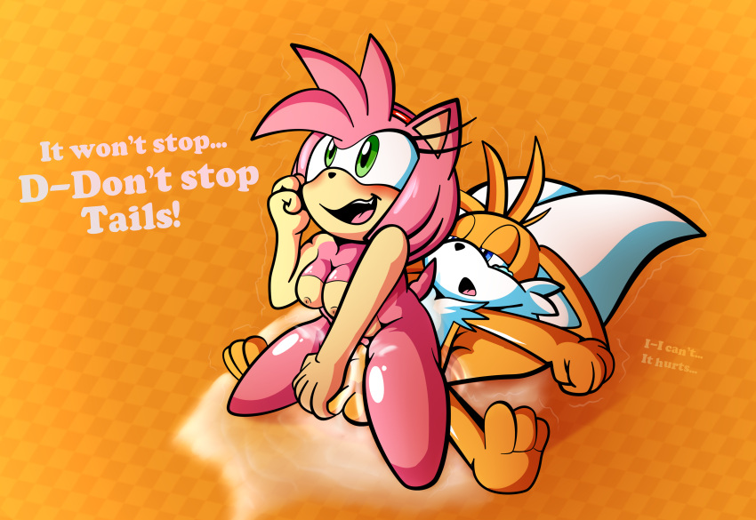 1girl absurd_res amy_rose anonymous_artist anthro balls blush bodily_fluids canid canine checkered_background cum cum_in_pussy cum_inside cum_overflow duo ejaculation eulipotyphlan forced fox genital_fluids genitals hedgehog high_res male male/female mammal miles_"tails"_prower on_bottom on_top pattern_background rape reverse_cowgirl_position sega sega sex simple_background sonic_the_hedgehog_(series) tears testicle_grab text