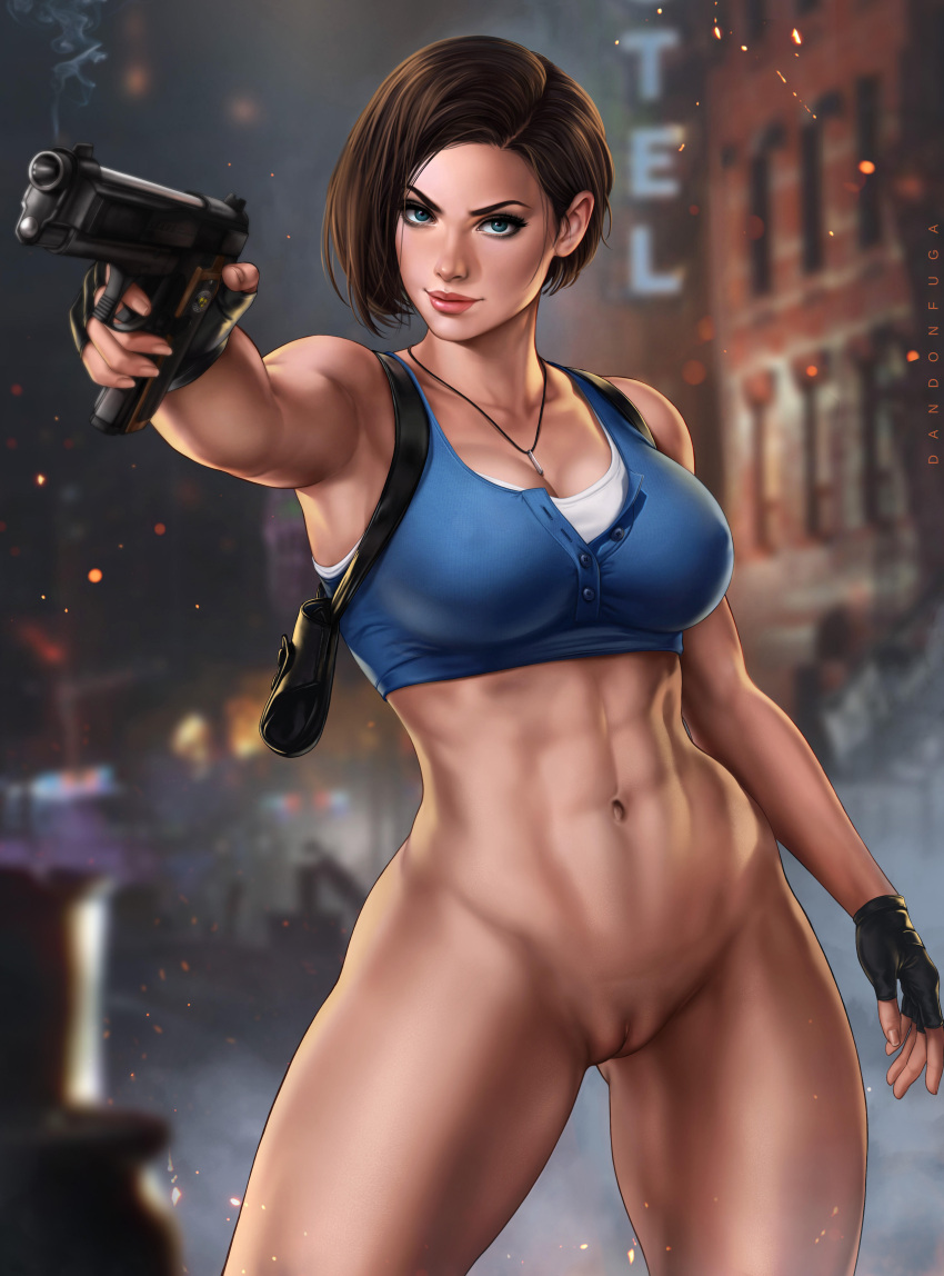 1girl abs alluring athletic_female big_breasts blue_eyes bottomless bottomless_female breasts brown_hair capcom clothed clothed_female clothing dandon_fuga female_abs female_focus female_only fit fit_female gun high_res high_resolution holding_gun holding_weapon jill_valentine mature mature_female naked_from_the_waist_down navel necklace nipples patreon patreon_paid patreon_reward resident_evil resident_evil_3 resident_evil_3_remake shirt short_hair solo_female solo_focus toned toned_female video_game_character video_game_franchise