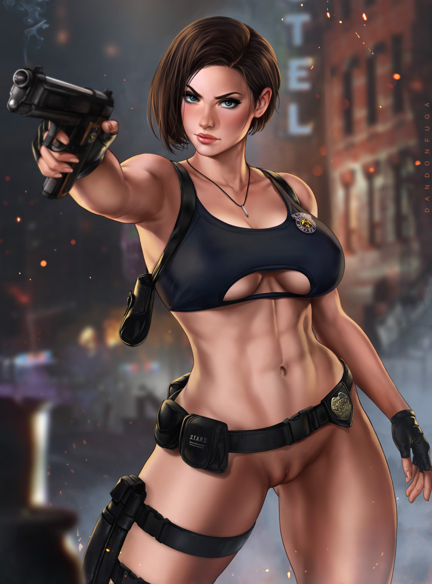 1girl abs alluring athletic_female big_breasts blue_eyes breasts brown_hair capcom clothed clothed_female clothing dandon_fuga female_abs female_focus female_only fit fit_female gun high_res high_resolution holding_gun holding_weapon jill_valentine mature mature_female naked_from_the_waist_down navel necklace nipples patreon patreon_paid patreon_reward resident_evil resident_evil_3 resident_evil_3_remake shirt short_hair solo_female solo_focus toned toned_female video_game_character video_game_franchise