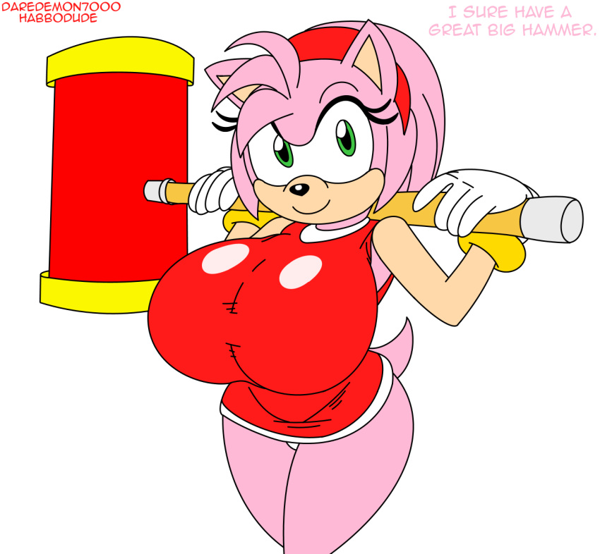 amy_rose big_breasts breasts clothes daredemon7000 english_text female green_eyes habbodude hair hammer hedgehog hips huge_breasts looking_at_viewer pink_hair sega smile solo sonic sonic_(series) text wide_hips