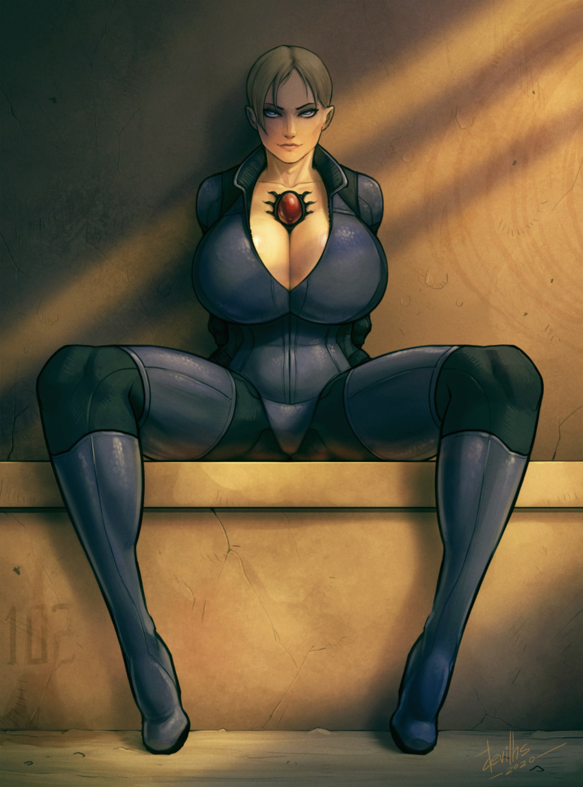 1girl 2020 alternate_breast_size arms_behind_back ass big_breasts blonde_hair bodysuit cleavage clothed_female dated devil_hs eye_contact female_focus female_only high_res high_resolution huge_breasts jill_valentine long_hair looking_at_viewer mature mature_female naughty_face open_legs resident_evil resident_evil_5 seductive seductive_smile signature skin_tight smile solo_female solo_focus suggestive text thick_thighs video_game_character video_game_franchise watermark wide_hips