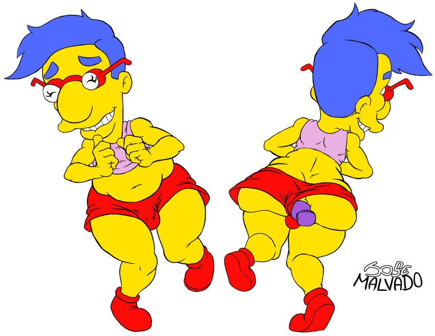 1boy anal anal_object_insertion anus ass closed_eyes clothes dildo femboy gay glasses happy hips josemalvado large_ass large_lips lips male milhouse_van_houten pants penis round_ass slut solo teeth testicles the_simpsons whore wide_hips yellow_skin