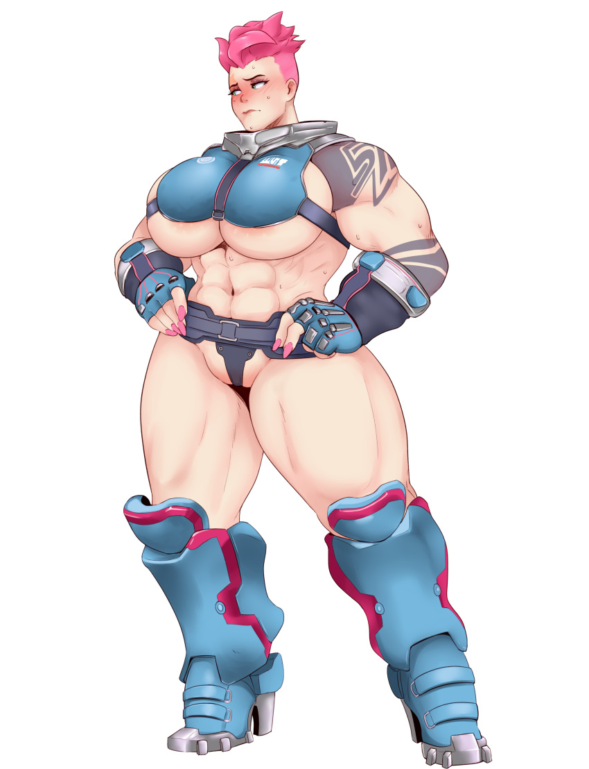 1girl abs big_breasts blizzard_entertainment blush breasts embarrassed highres huge_breasts muscle muscular_female muscular_legs nervous overwatch short_hair sundown sunnysundown sweat thick_legs thick_thighs tight_clothing video_games zarya