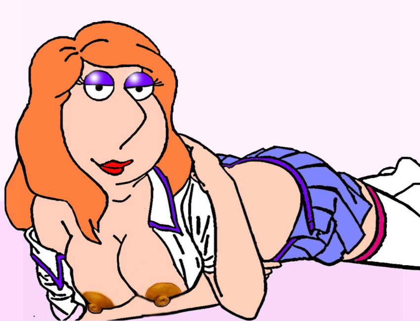 big_nipples breasts_out family_guy laying_down lois_griffin looking_at_viewer no_panties pleated_skirt white_stockings yaroze33_(artist)