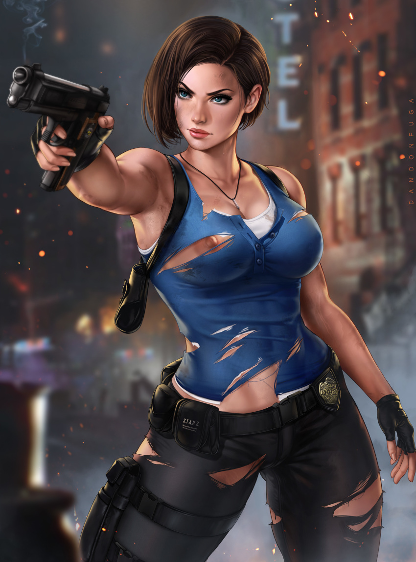 1girl abs alluring athletic_female big_breasts blue_eyes breasts brown_hair capcom clothed clothed_female clothing dandon_fuga female_abs female_abs_visible_through_clothing female_focus female_only fit fit_female gun high_res high_resolution holding_gun holding_weapon jill_valentine mature mature_female navel necklace nipples patreon patreon_paid patreon_reward resident_evil resident_evil_3 resident_evil_3_remake shirt short_hair solo_female solo_focus toned toned_female torn_clothes video_game_character video_game_franchise