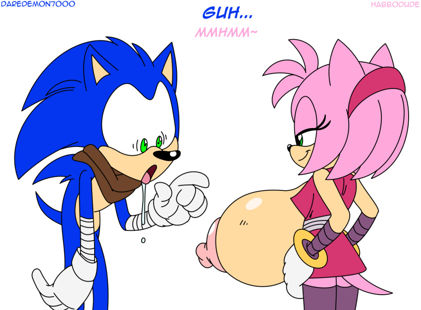 amy_rose big_breasts breasts clothes daredemon7000 english_text erect_nipples female green_eyes habbodude hair hedgehog hips huge_breasts male nipples pink_hair sega sonic sonic_(series) sonic_boom sonic_the_hedgehog text