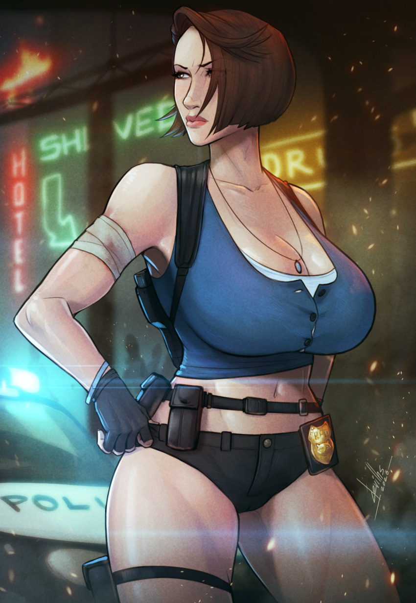 1girl angry belt big_breasts blue_eyes brown_hair brunette cleavage clothed_female clothing curvy detailed_background devil_hs female_focus female_only firearm footwear handgun high_res high_resolution huge_ass huge_breasts human jean_shorts jewelry jill_valentine mature mature_female naughty_face necklace police policewoman resident_evil resident_evil_3_remake seductive short_hair short_shorts solo_female solo_focus thick_thighs video_game_character video_game_franchise weapon