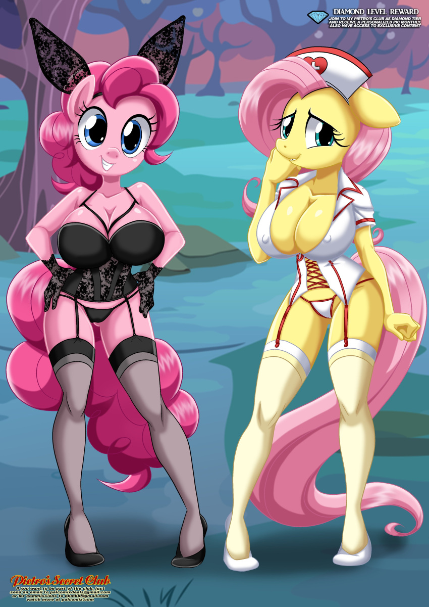 anthro aqua_eyes bbmbbf blue_eyes bunny_ears cleavage cutie_mark earth_pony equestria_untamed equid equine fluttershy fluttershy_(mlp) friendship_is_magic green_eyes halloween_costume hasbro horse huge_breasts looking_at_viewer my_little_pony nurse_uniform palcomix pegasus pietro's_secret_club pink_body pink_fur pink_mane pink_tail pinkamena_(mlp) pinkie_pie pinkie_pie_(mlp) playboy_bunny_leotard yellow_body yellow_fur