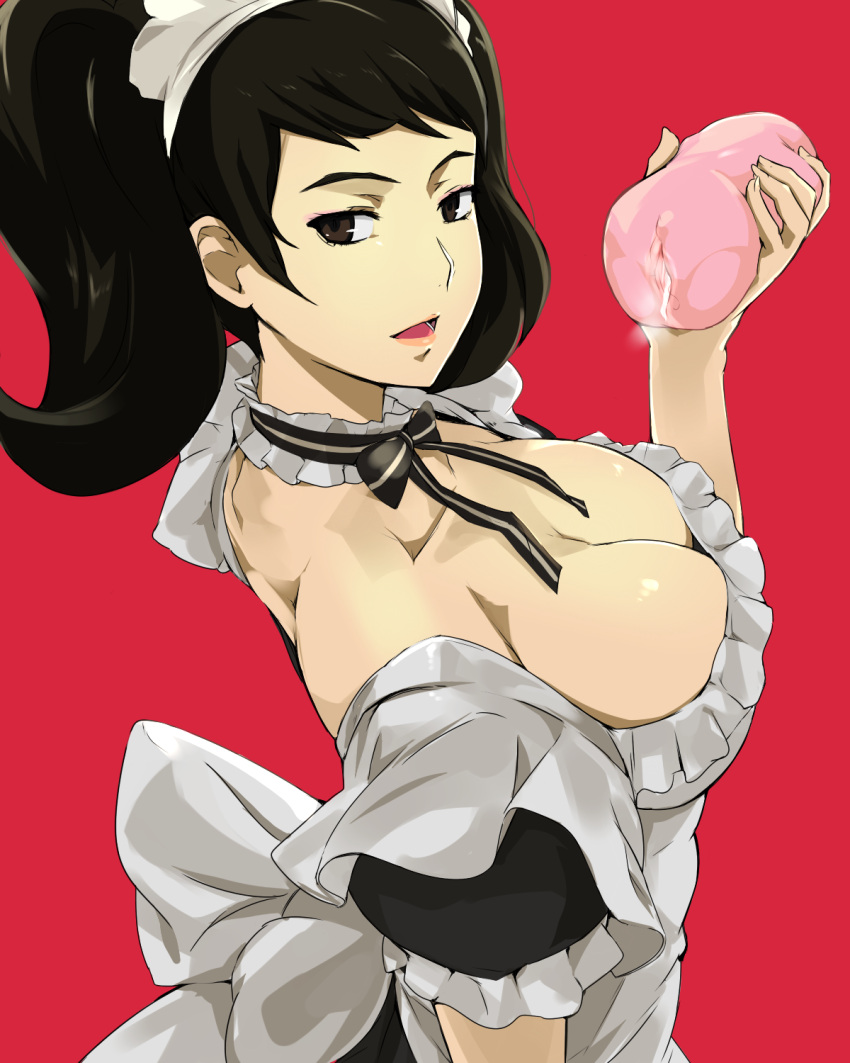 1girl artificial_vagina bangs big_breasts black_bow black_eyes black_hair bow breasts cafekun choker cleavage collarbone commentary_request cum frilled_choker frilled_sleeves frills hair_strand high_res long_hair looking_at_viewer looking_back maid maid_headdress onahole open_mouth persona persona_5 puffy_short_sleeves puffy_sleeves red_background revision sadayo_kawakami short_hair short_sleeves twin_tails upper_body white_bow