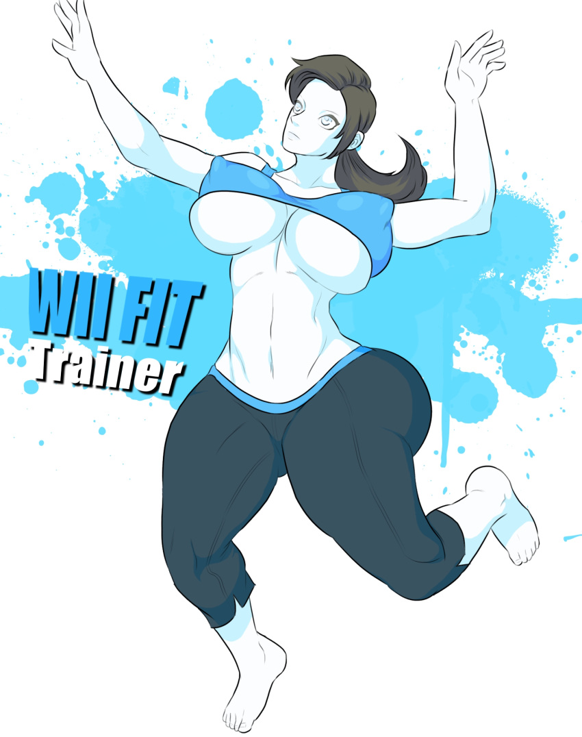 ass belly big_ass big_breasts breasts clothes female hips jay-marvel midriff navel nintendo nipples pants ponytail solo text white_skin wide_hips wii_fit wii_fit_trainer