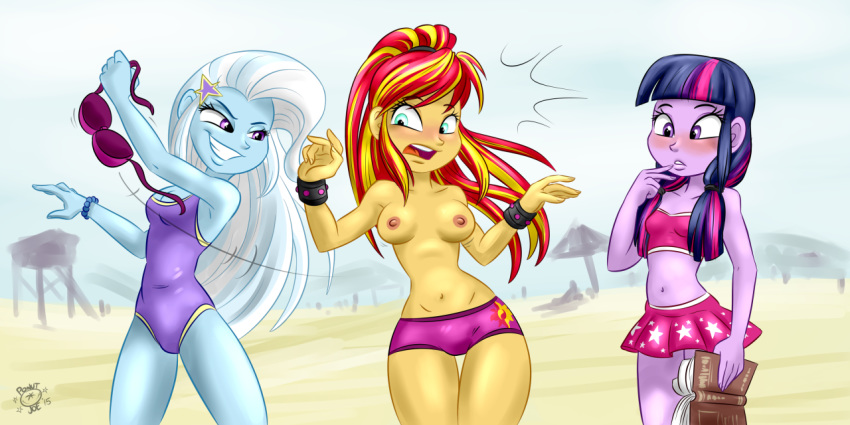 alternate_hairstyle armpits attached_skirt beach bikini blush breasts embarrassed equestria_girls friendship_is_magic humiliation my_little_pony navel nipples nudity older older_female one-piece_swimsuit ponut_joe princess_twilight public_nudity questionable sunset_shimmer swimsuit swimsuit_theft topless trixie twilight_sparkle young_adult young_adult_female young_adult_woman