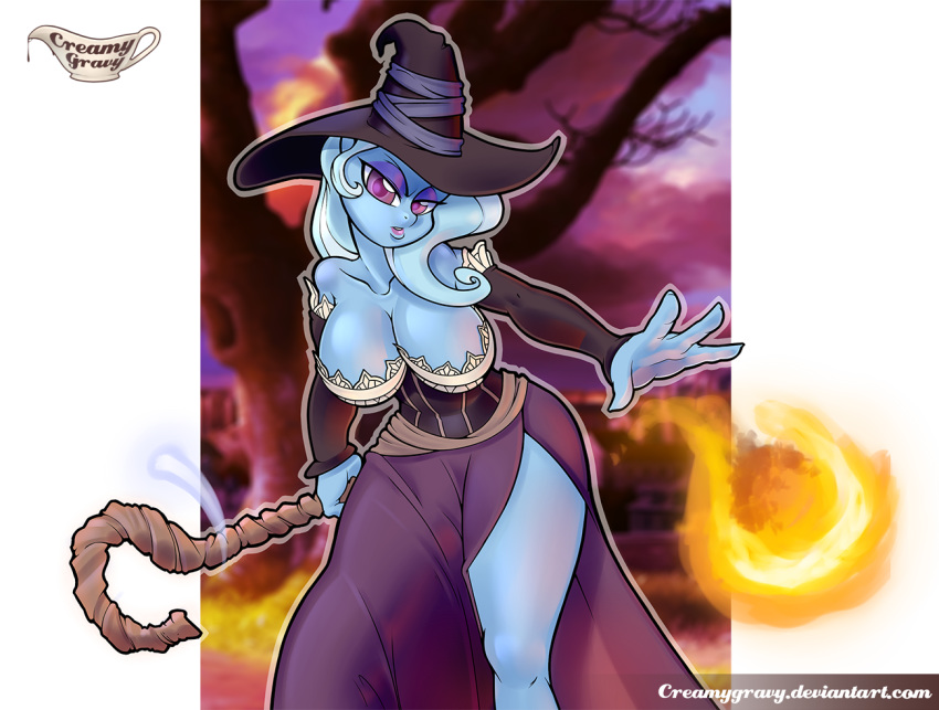 2014 alpha_channel blue_hair breasts cleavage clothed clothing creamygravy crossover dragon's_crown dress equine female fire fireball friendship_is_magic hair hat horse looking_at_viewer magic magic_user mammal my_little_pony outside plain_background polearm pony pose purple_eyes solo sorceress_(dragon's_crown)_(cosplay) staff standing transparent_background tree trixie two_tone_hair witch_hat wizard_hat