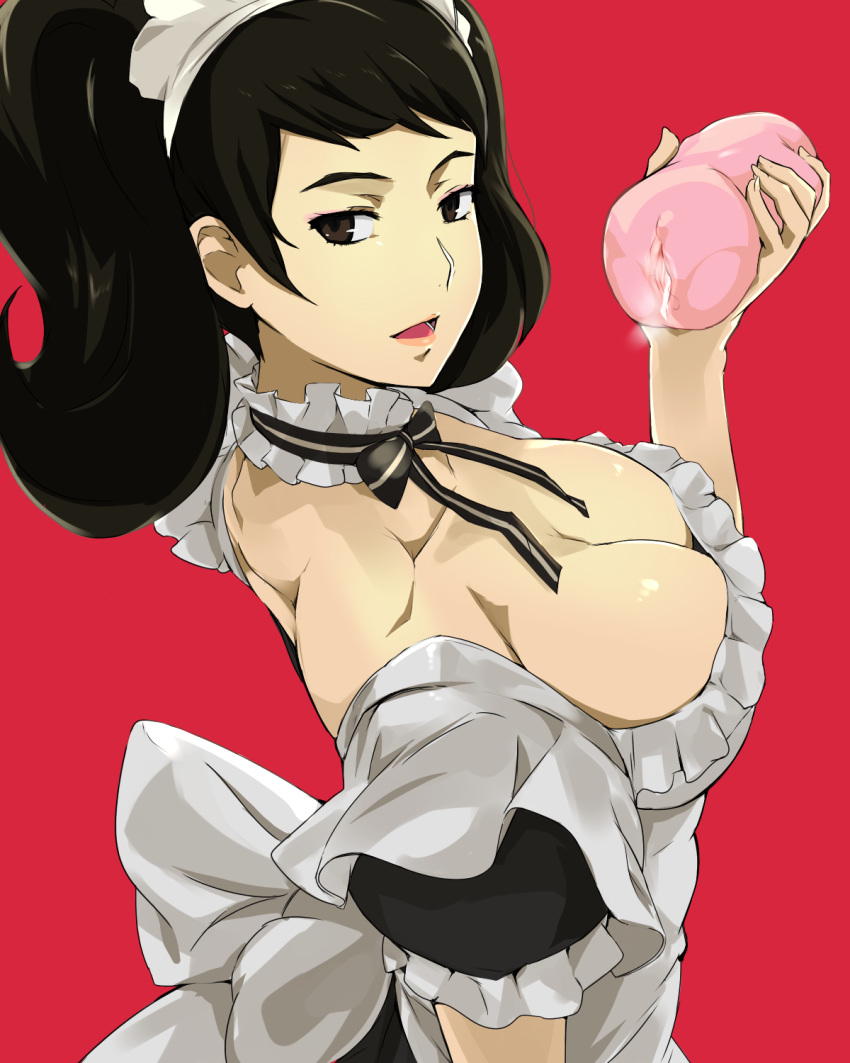 1girl 1girl artificial_vagina bad_id bad_pixiv_id bangs big_breasts black_bow black_eyes black_hair bow breasts cafekun choker cleavage collarbone cum frilled_choker frilled_sleeves frills high_res long_hair looking_at_viewer looking_back maid maid_headdress open_mouth persona persona_5 puffy_short_sleeves puffy_sleeves red_background sadayo_kawakami short_hair short_sleeves twin_tails upper_body white_bow