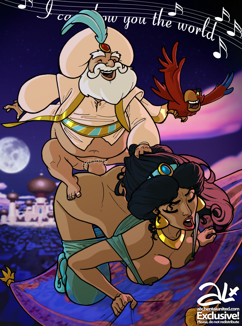 aladdin_(series) arab black_hair closed_eyes disney doggy_position father_&amp;_daughter father_and_daughter fuckit_(artist) hair hair_pull iago incest magic_carpet nipple_slip open_mouth parrot princess_jasmine the_sultan top-down_bottom-up
