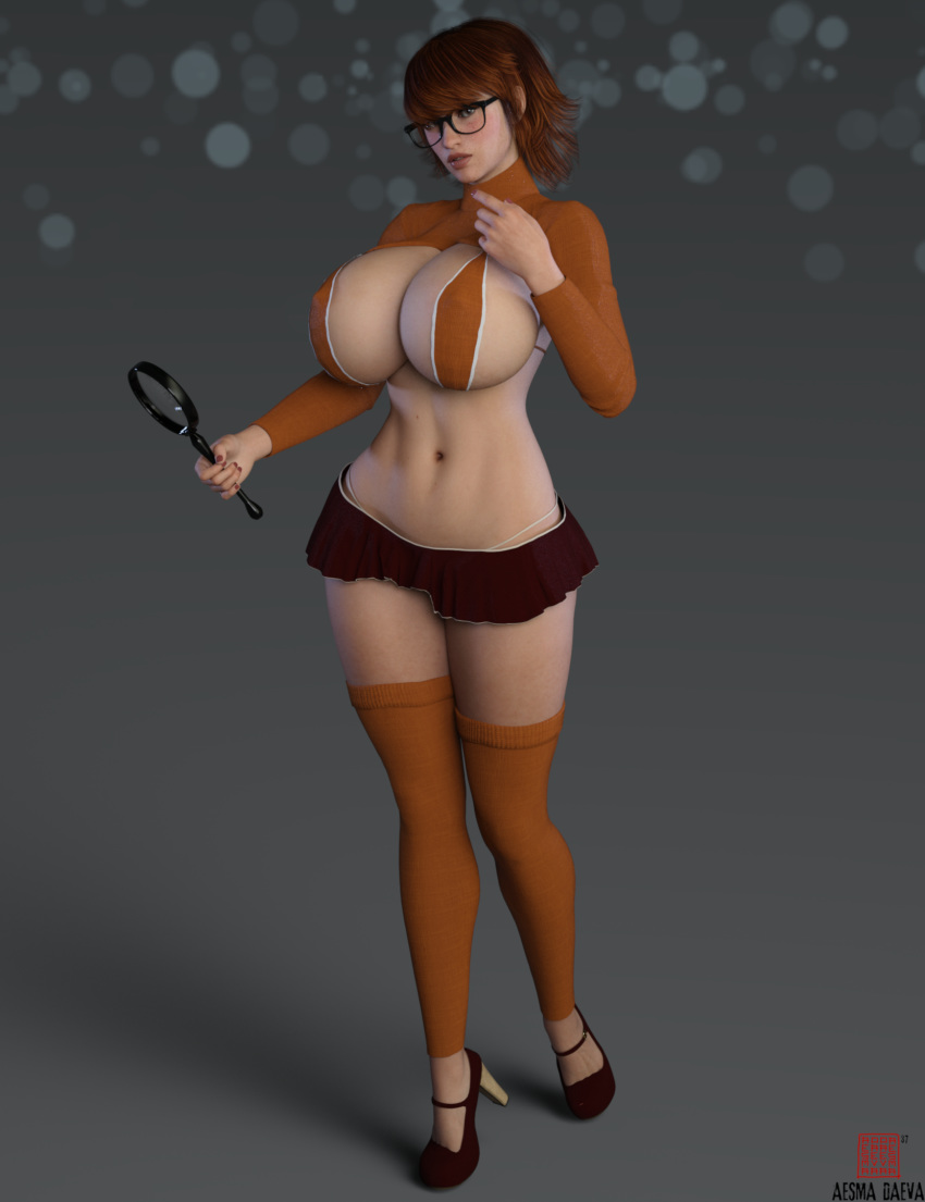 1girl 3d aesmadaeva37 bra breasts female female_only freckles full_body glasses high_heels huge_breasts microskirt partially_clothed scooby-doo short_hair solo_female stockings sweater_lift thighs velma_dinkley