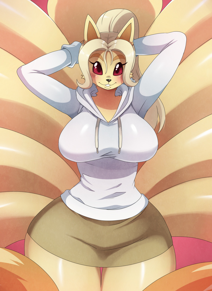 2015 anthro anthrofied big_breasts blush breasts canine cute female fox hoodie looking_at_viewer mammal multiple_tails ninetales nintendo pokemon pokemorph ponytail red_eyes skirt smile solo sssonic2 thick_thighs video_games wide_hips