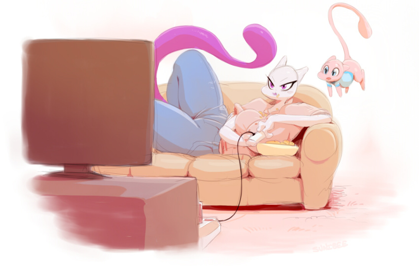 ambiguous_gender anthro anthrofied big_breasts blue_eyes bottomless breasts clothed clothing eating female floating food half-dressed jeans mew mewtwo milf milftwo_(character) nintendo open_mouth parent pokemon purple_eyes shirt size_difference sofa sunibee television video_games wide_hips