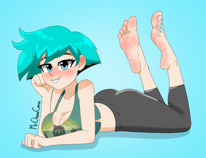 barefoot blue_eyes blue_hair blush cleavage foot_fetish lying_on_stomach mr._chase_comix oc original_character smile soles